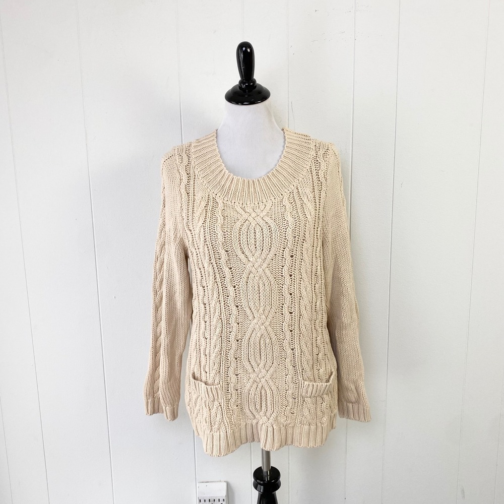 NWT Chico's Siren Cable Pullover Sweater Windrift Beige Size Large Tunic Cotton